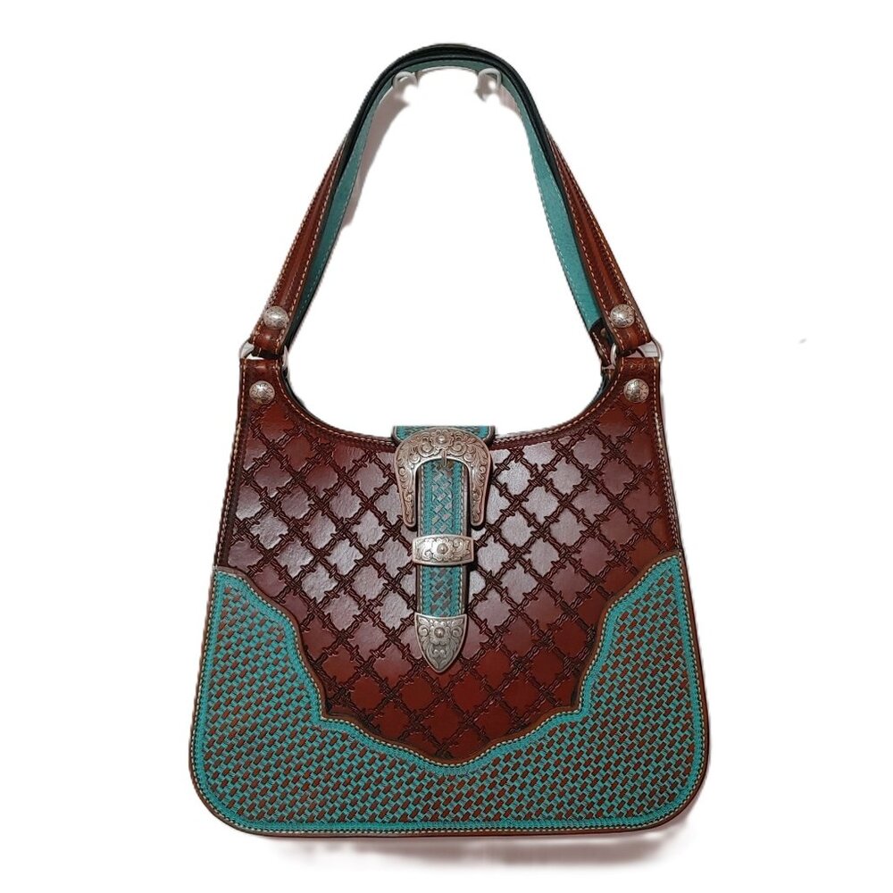 SILVERTIP Hobo Satchel Tooled Leather Brown and Turquoise Blue Genuine Silver